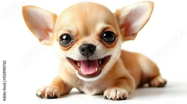 Fototapeta Playful Chihuahua Puppy Smiling Cheerfully with Big Eyes and Perky Ears on White Background