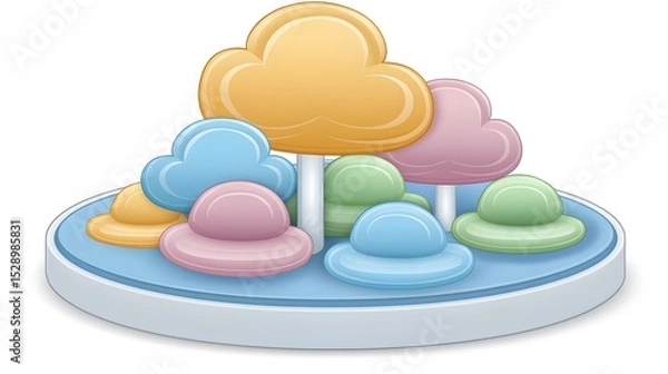Fototapeta Colorful Pastel Clouds and Playful Shapes on a Circular Base in a Whimsical Design