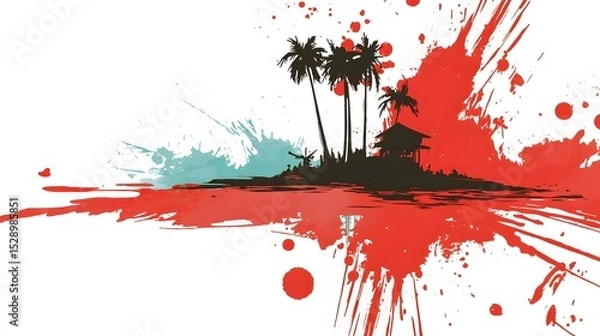 Fototapeta Silhouette of a Tropical Island with Palm Trees and Colorful Abstract Splash Effects