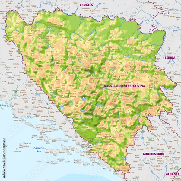 Obraz Detailed physical map of Bosnia and Herzegovina
