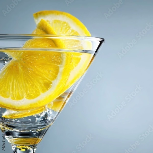 Fototapeta Refreshing cocktail glass filled with sparkling water and fresh lemon wedges, showcasing vibrant colors and simplicity