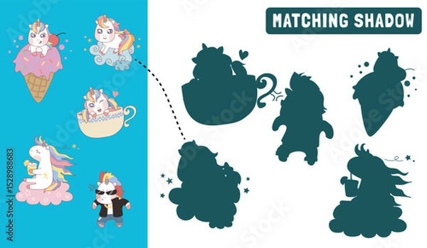 Fototapeta Find the correct shadow. Matching unicorn shadow game for children. Worksheet for kid. Educational printable worksheet