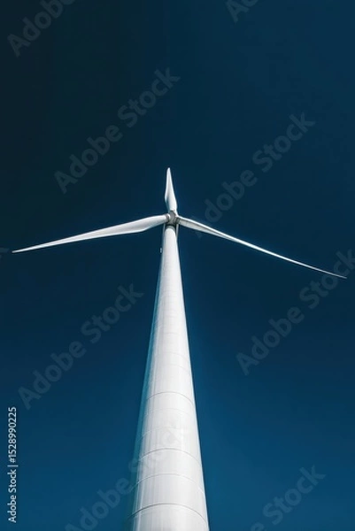 Fototapeta Impressive wind turbine rises against a pristine blue sky, embodying the essence of clean energy and minimalism