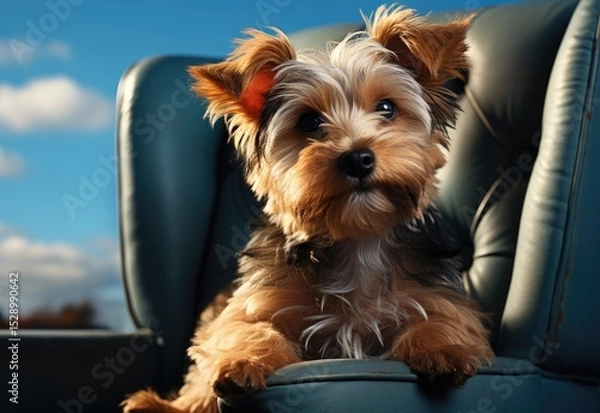 Obraz A charming Yorkshire Terrier sits comfortably on a blue chair, showing off its playful personality and adorable features under a bright blue sky backdrop.