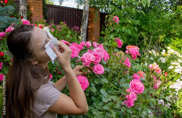 Fototapeta Allergy to flowers. Woman in the garden with a napkin allergy. Selective focus
