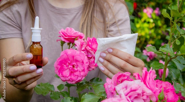Fototapeta Allergy to flowers. Woman in the garden with a napkin allergy. Selective focus