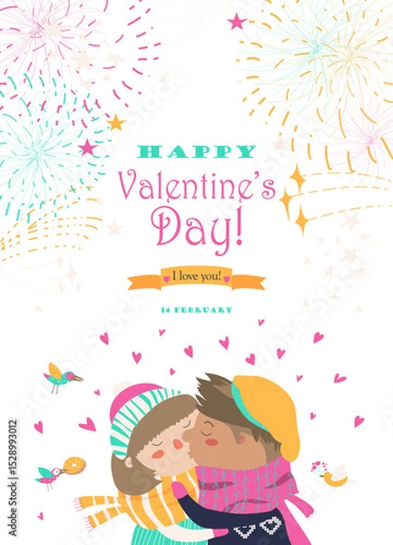 Fototapeta Valentines card with kissing couple and firework. Vector illustration