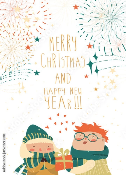 Fototapeta Boy gives a gift to the girl while fireworks in the sky. Vector Valentines card