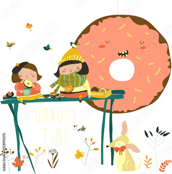 Fototapeta Cute girls enjoying tea time with donuts. Vector illustration