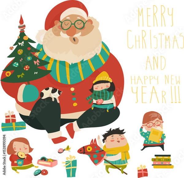 Fototapeta Cartoon Santa with kids. Vector greeting card