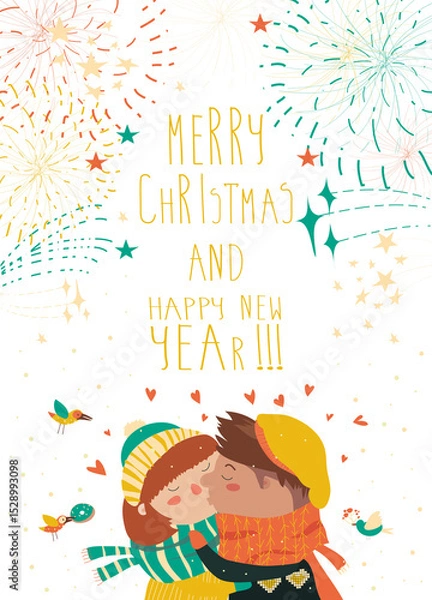 Fototapeta Cute card for lovely christmas with kissing couple and firework. Vector illustration