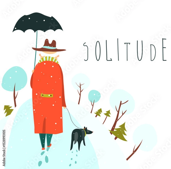 Fototapeta lonely old man walking with dog in a snowy park. Vector illustration