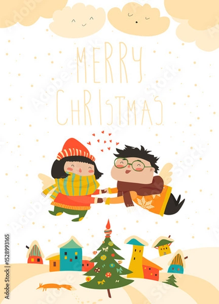 Fototapeta Stylish Christmas card in vector. Cute couple of angels flying above the houses