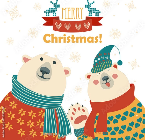 Fototapeta Two friends, polar bears say hello, vector greeting card
