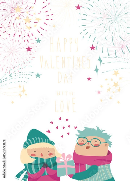 Fototapeta Boy gives a gift to the girl while fireworks in the sky. Vector Valentines card
