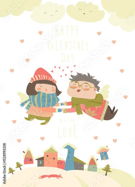 Fototapeta Stylish Valentines card in vector. Cute couple of angels flying above the houses