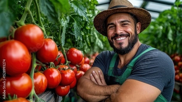 Fototapeta A jovial farmer beams with pride while standing amidst a bountiful harvest of vibrant red tomatoes, symbolizing hard work and the joy of agricultural success.