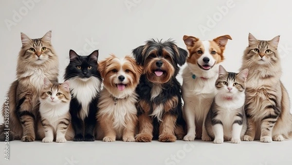 Obraz A banner featuring a group of cats and dogs on a white background, promoting a veterinary clinic or animal shelter.