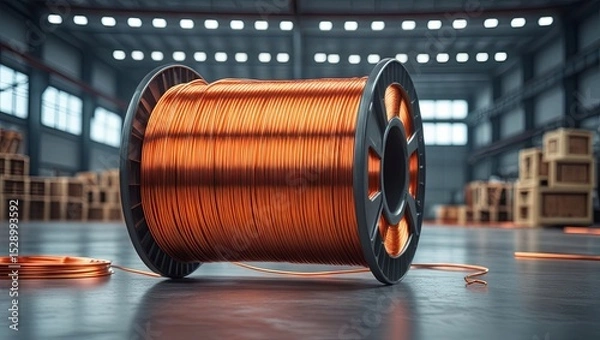 Obraz A large spool of orange copper wire sits in a brightly lit warehouse