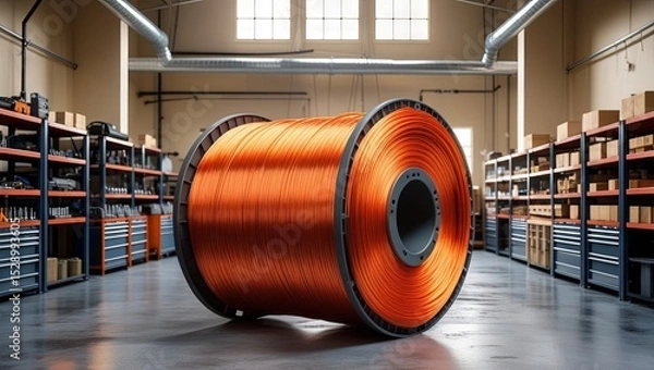 Obraz A large spool of orange copper wire sits in a brightly lit warehouse