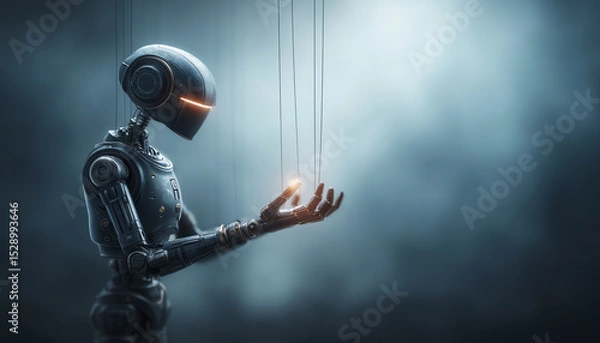 Fototapeta Futuristic robot holding glowing strings in mysterious atmosphere, advanced technology concept with dramatic lighting