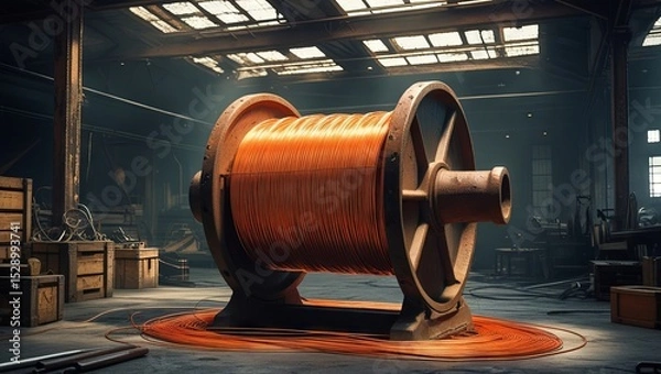 Obraz A large spool of orange copper wire sits in a brightly lit warehouse