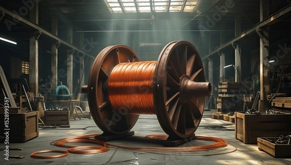 Obraz A large spool of orange copper wire sits in a brightly lit warehouse