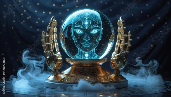 Obraz A magnificent fortune-telling AI robot is peering into the future with the help of a magical crystal ball