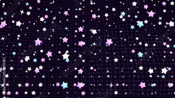 Fototapeta 3D render colorful stars on wavy grid background.