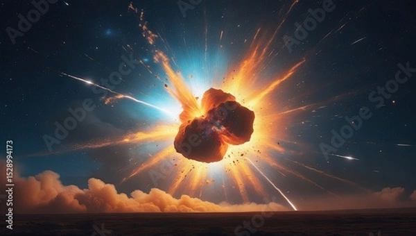 Obraz Meteorites burst apart high in the sky, creating a spectacular explosion of light and fragments against the dark night.