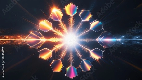 Obraz Light flare effect on a dark background. Abstract sunburst showcasing digital lens flare with circular and hexagonal patterns, accompanied by a colorful rainbow halo.