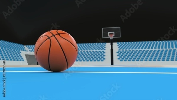 Fototapeta close-up of a basketball placed in the center of a court - 3D rendering