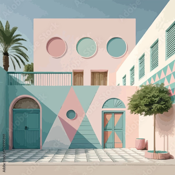 Fototapeta  Abstract Architectural Rendering Pastel Colors Geometric Shapes
