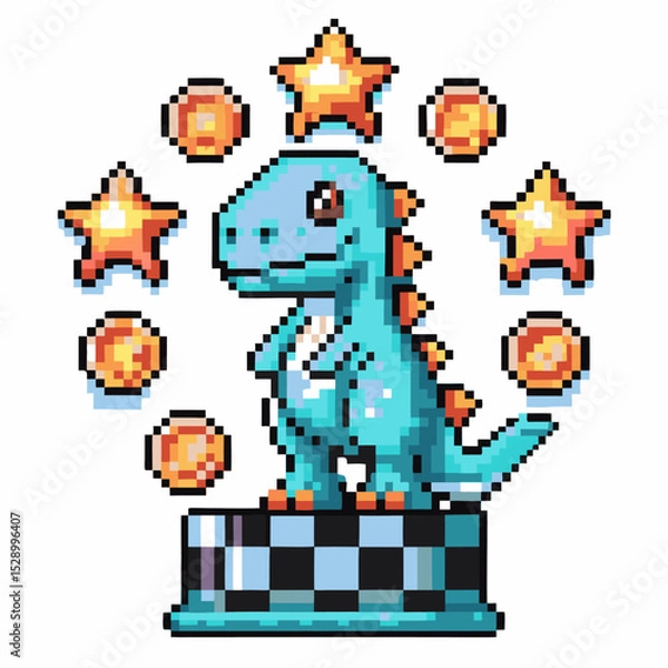 Fototapeta Pixel dinosaur trophy with stars and coins in retro video game achievement