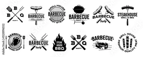 Obraz Barbecue and grill logos with meat, sausages, grill tools, and text elements. Black vintage emblems for steakhouse and BBQ party design. Vector set isolated on white background