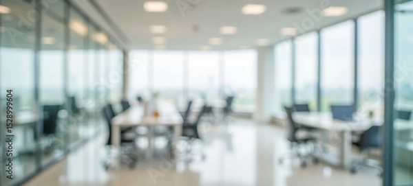 Fototapeta Bright blurred office background with glass walls and desks in modern coworking space for business presentation or digital design use