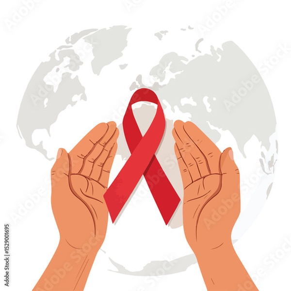 Fototapeta A Red Ribbon Held In The Hands  Against White Background Symbolizing Awareness And Support For Cancer Environmental Health Representing Concept World Day