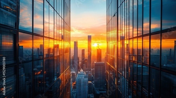 Fototapeta Cityscape at Sunset with Overlapping Glass Buildings for Modern Urban Architecture