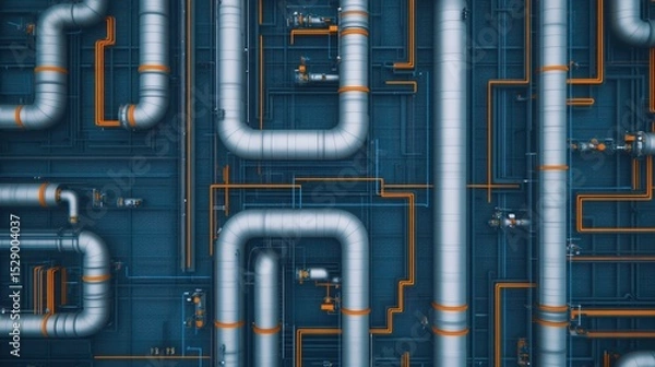 Fototapeta A network of large metallic pipes and orange cables arranged in a complex, industrial pattern on a dark background.