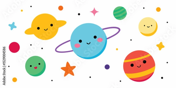Fototapeta Playful Cartoon Universe with Happy Stars and Vibrant Planets Vector Illustration