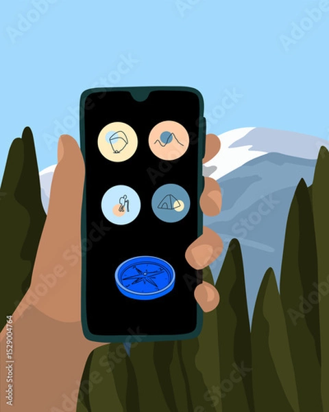 Obraz Vector isolated illustration of using a smartphone in the mountains. Orienteering in the mountains.
