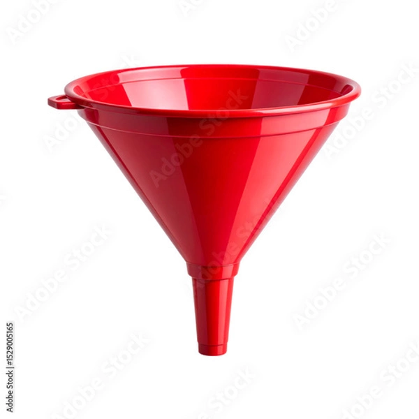 Obraz A bright red plastic funnel with a wide top and narrow spout, designed for easy pouring and transferring of liquids or powders.