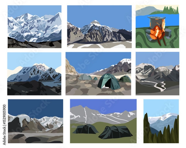 Obraz Vector isolated illustration set of mountain landscapes.