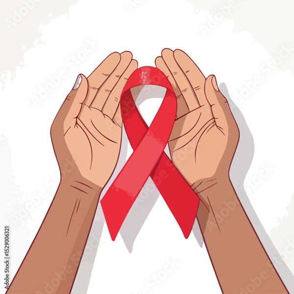 Fototapeta A Red Ribbon Held In The Hands  Against White Background Symbolizing Awareness And Support For Cancer Environmental Health Representing Concept World Day
