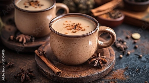Fototapeta Clay Mug of Spiced Chai Tea with Aromatic Spices for Cozy and Inviting Beverage Photography
