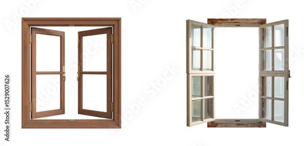 Fototapeta Two open windows side by side with different styles and colors on a black background in a studio shot