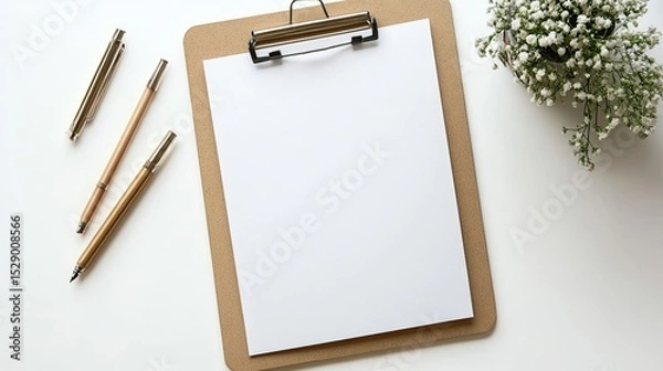 Fototapeta Clipboard with Blank White Paper Sheet and Pen Laying on White Background for Office Use
