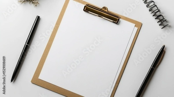 Fototapeta Clipboard with Blank White Paper Sheet and Pen Laying on White Background for Office Use