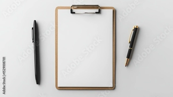 Fototapeta Clipboard with Blank White Paper Sheet and Pen Laying on White Background for Office Use