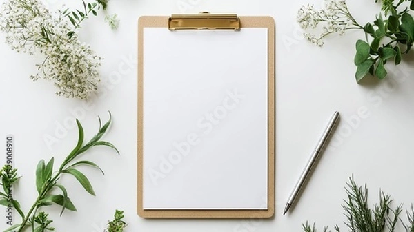 Fototapeta Clipboard with Blank White Paper Sheet and Pen Laying on White Background for Office Use